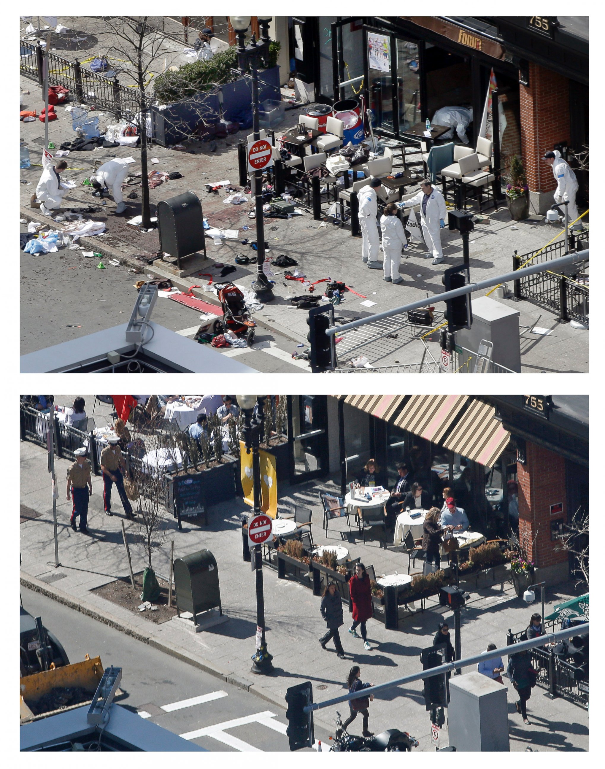 PHOTO:This April 15, 2013 and April 10, 2014 photos show a view of Boylston Street in front of the Forum restaurant, where investigators comb for evidence at the site where the second of two bombs exploded near the finish line of the 2013 Boston Marathon.