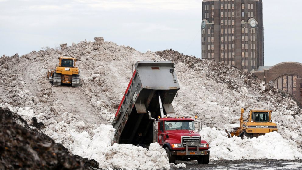 PHOTO: In this Nov. 23, 2014 file photo, dump truck unloads snow at the Central Terminal that was removed from south Buffalo neighborhoods after heavy lake-effect snowstorms in Buffalo, N.Y.  