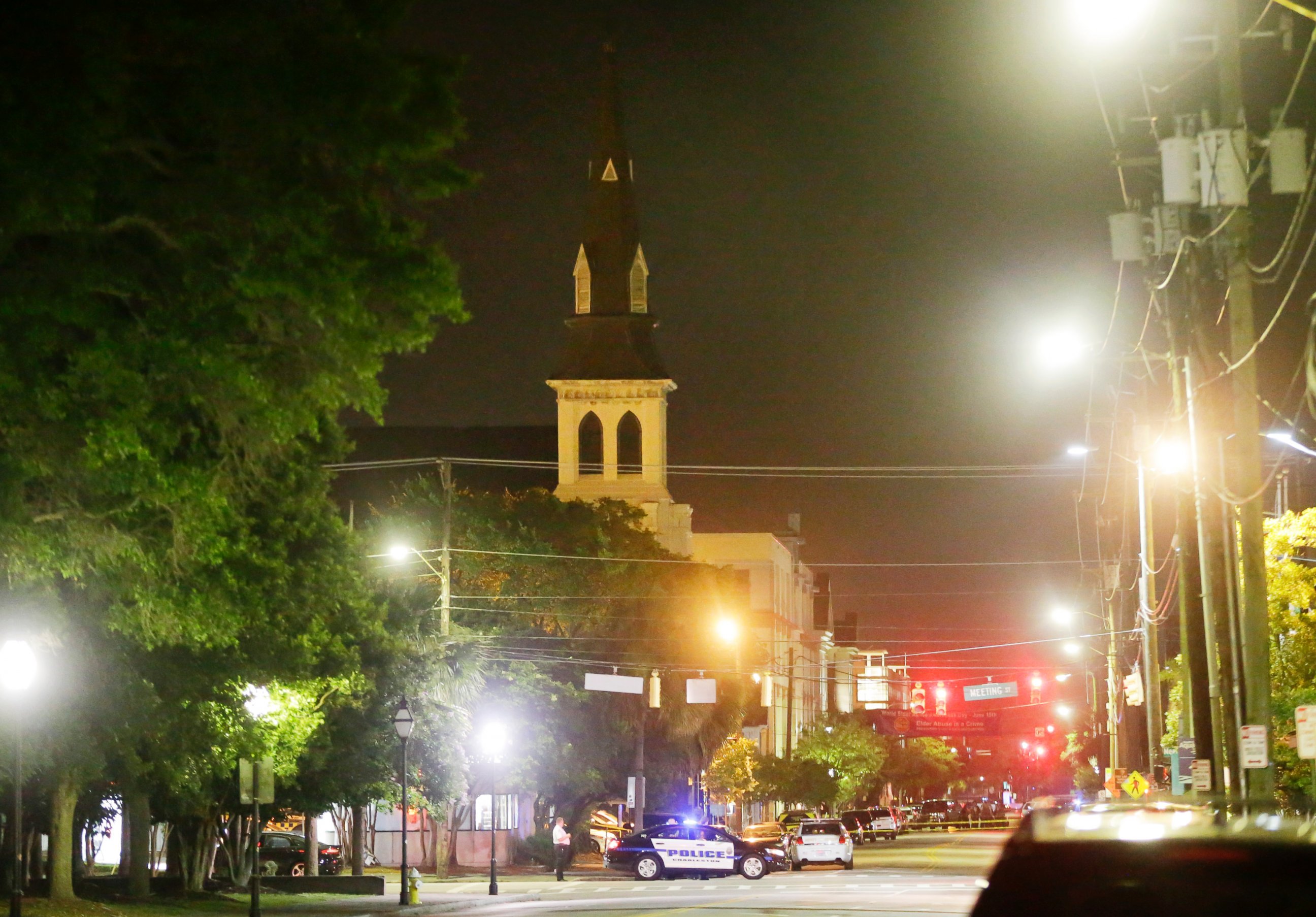 PHOTO: The steeple of Emanuel AME Church is visible as police close off a section of Calhoun Street in Charleston, South Carolina, June 18, 2015.