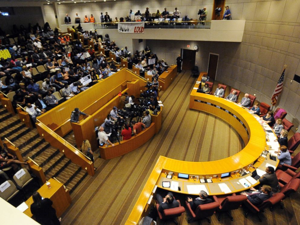 PHOTO: The Meeting Chamber at the Charlotte Mecklenburg Government Center is at capacity during the Charlotte City Council meeting, on Sept. 26, 2016, in Charlotte, North Carolina.