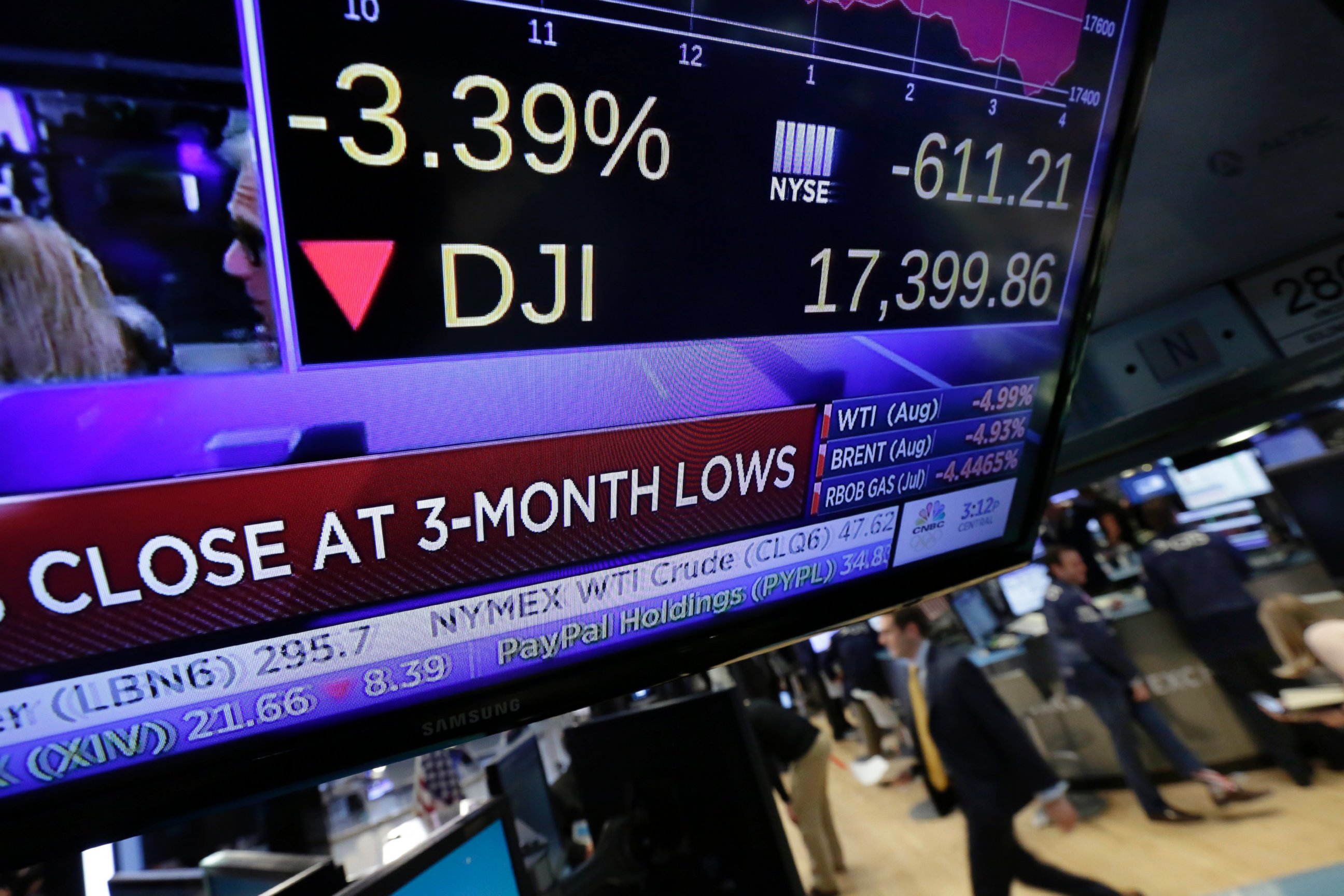 PHOTO: A television screen on the floor of the New York Stock Exchange shows the closing number for the Dow Jones industrial average, June 24, 2016. 