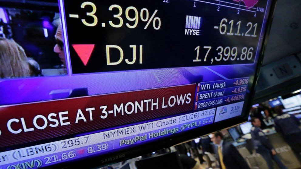 A television screen on the floor of the New York Stock Exchange shows the closing number for the Dow Jones industrial average, June 24, 2016.