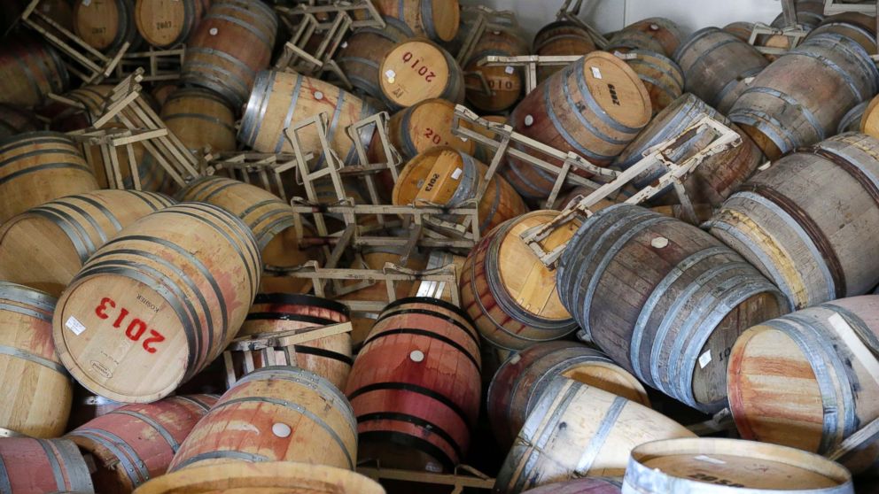 PHOTO: Barrels filled with Cabernet Sauvignon are toppled on one another following an earthquake at the B.R. Cohn Winery barrel storage facility, Aug. 24, 2014, in Napa, Calif.
