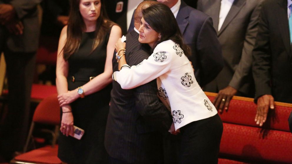 PHOTO: South Carolina Gov. Nikki Haley is hugged during the funeral of Ethel Lance, who was one of nine victims of a mass shooting at the Emanuel African Methodist Episcopal Church, June 25, 2015, in North Charleston, S.C. 