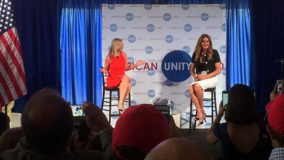 Caitlyn Jenner, right, speaks at an American Unity Fund brunch at the Rock and Roll Hall of Fame in Cleveland, Ohio, July 20, 2016, on the sidelines of the Republican National Convention.