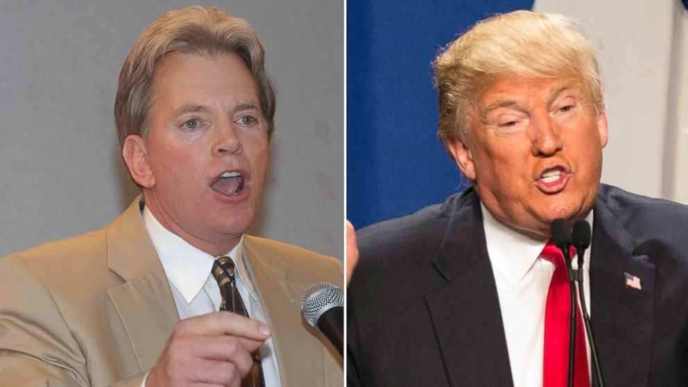 Former Ku Klux Klan leader David Duke speaks to supporters at a reception, May 29, 2004, in Kenner, Louisiana. Donald Trump speaks during a campaign event at the convention center in Fort Worth, Texas, Feb. 26, 2016. 