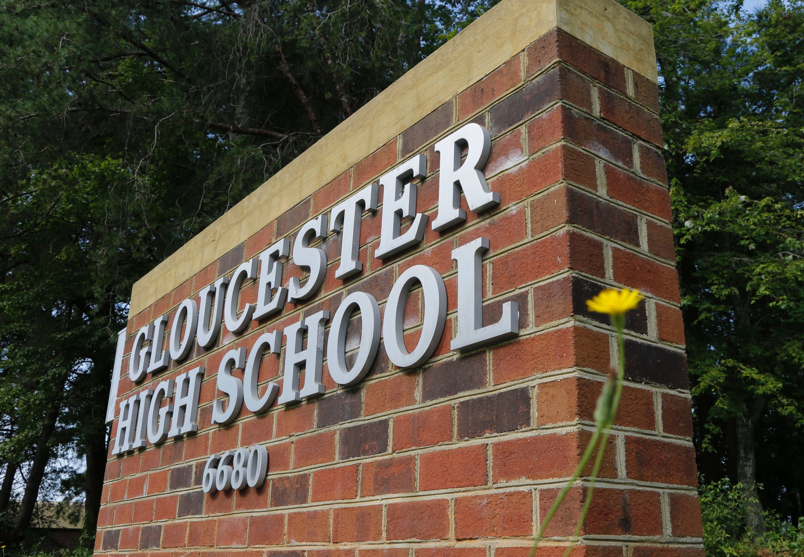 PHOTO: The front sign of the Gloucester County High school in Gloucester, Va. 
