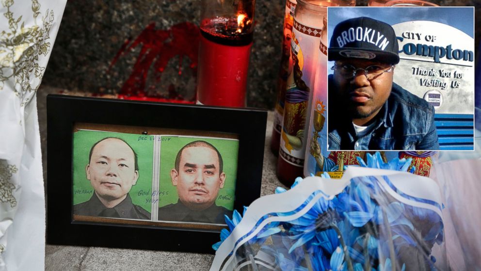 Photographs of slain New York Police officers Wenjian Liu, left, and Rafael Ramos are placed in a makeshift memorial honoring the men at the 84th Precinct in the Brooklyn borough of New York, where the officers were stationed, Sunday, Dec. 21, 2014. | Inset: The Facebook photo shows Ismaaiyl Abdula Brinsley, 28, who police say shot and killed two New York City officers on Saturday, Dec. 20, 2014.