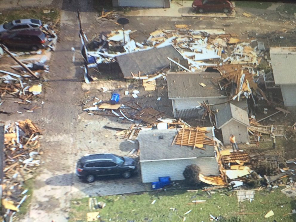 PHOTO: This image made from a video provided by WTHR 13 shows damage to homes after a tornado in Kokomo, Indiana, Aug. 24, 2016. 