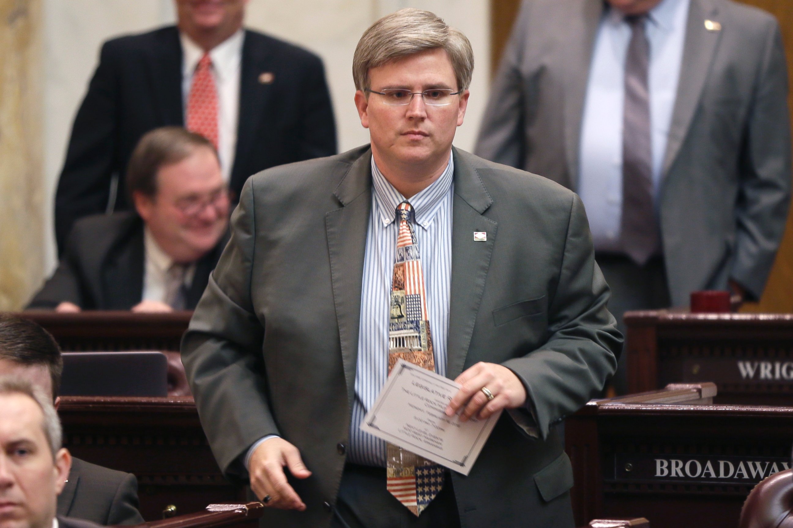 PHOTO: Rep. Justin T. Harris, R-West Fork, walks in the House chamber at the Arkansas state Capitol in Little Rock, Ark., Feb. 12, 2015. 