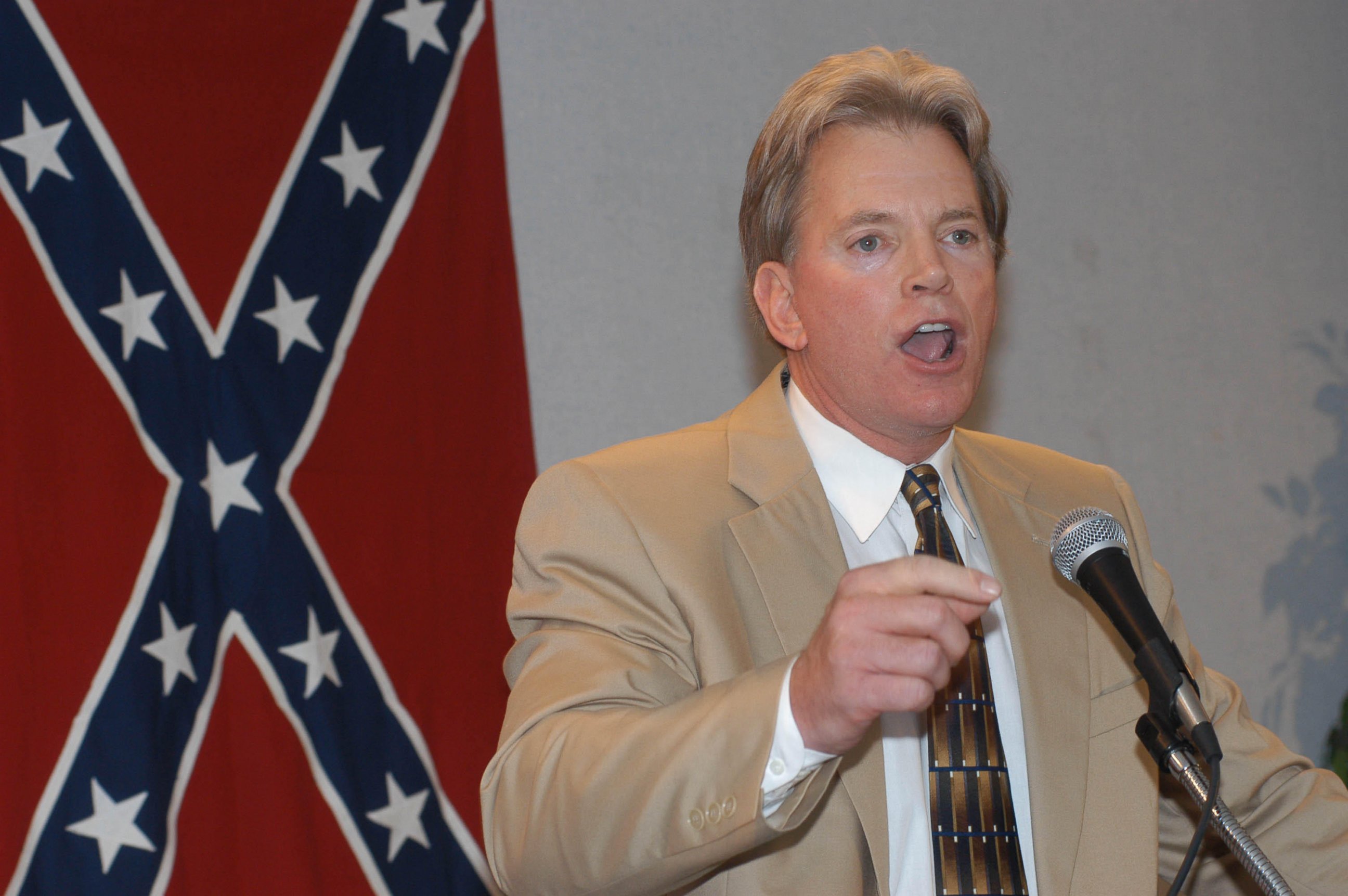 PHOTO: Former Ku Klux Klan leader David Duke speaks to supporters at a reception, May 29, 2004, in Kenner, Louisiana. 