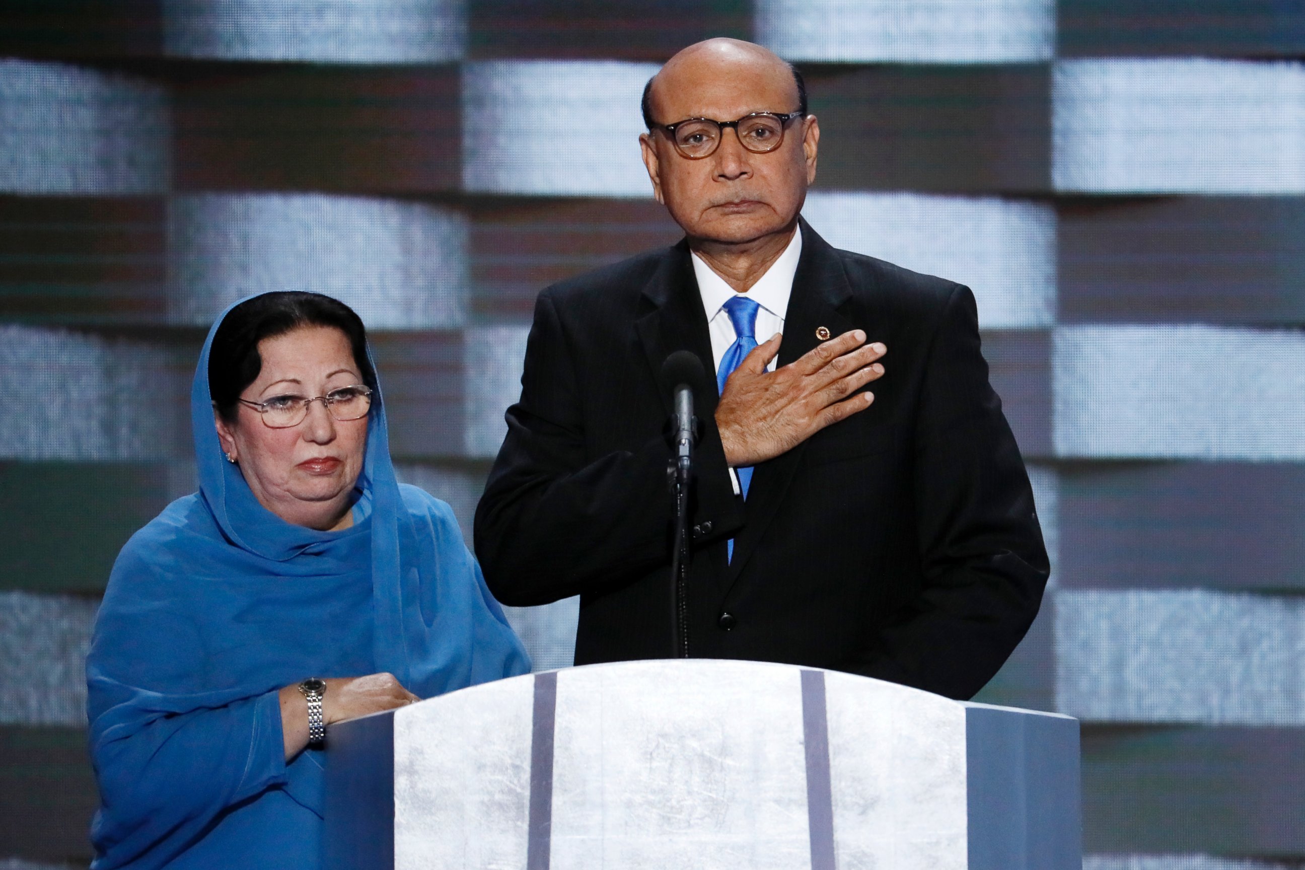 PHOTO: Khizr Khan, father of fallen US Army Capt. Humayun S. M. Khan, and his wife Ghazala speak during the final day of the Democratic National Convention in Philadelphia, July 28, 2016. 