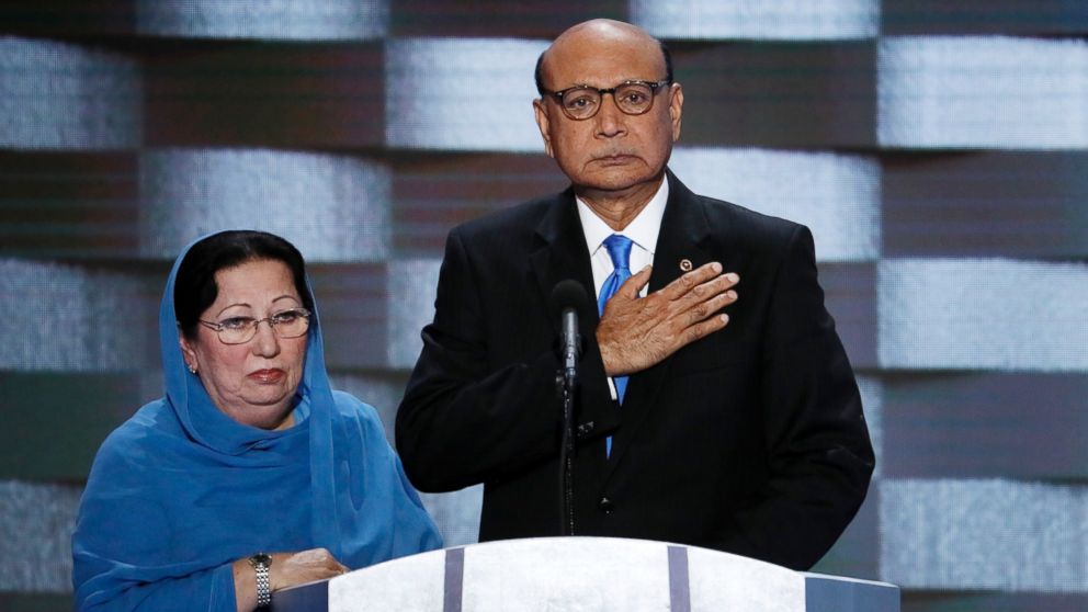 Khizr Khan, father of fallen US Army Capt. Humayun S. M. Khan, and his wife Ghazala speak during the final day of the Democratic National Convention in Philadelphia, July 28, 2016. 