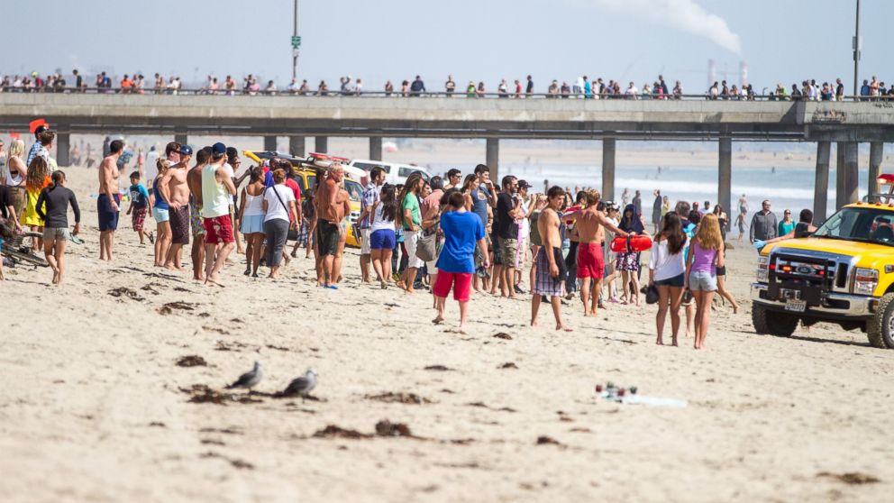 PHOTO: Pedestrians at Venice Beach, Calif. watch as lifeguards bring in a swimmer rescued from the water after a lightning strike, July 27, 2014.