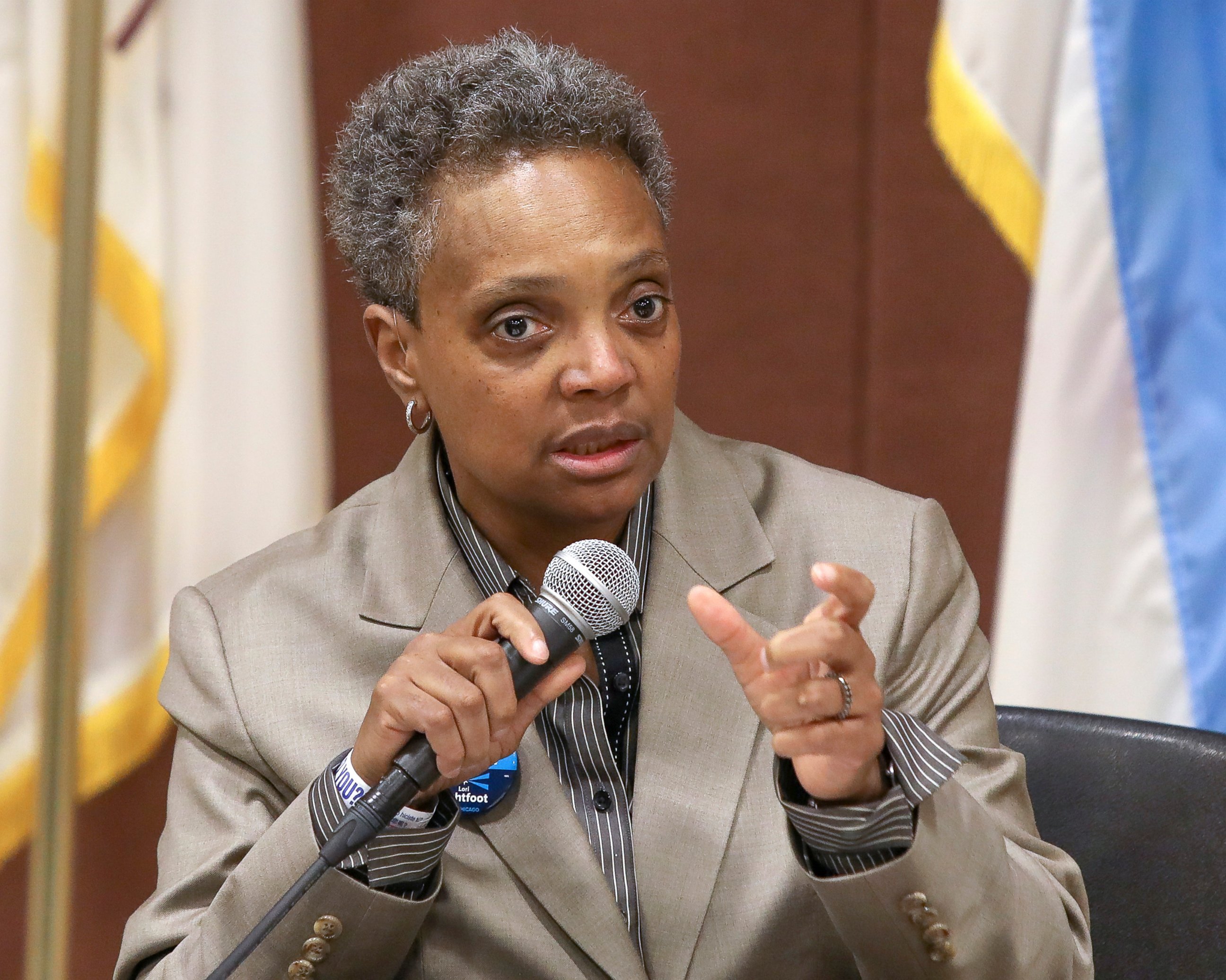PHOTO: In this March 24, 2019 photo, Chicago mayoral candidate Lori Lightfoot participates in a candidate forum sponsored by One Chicago For All Alliance at Daley College in Chicago. 