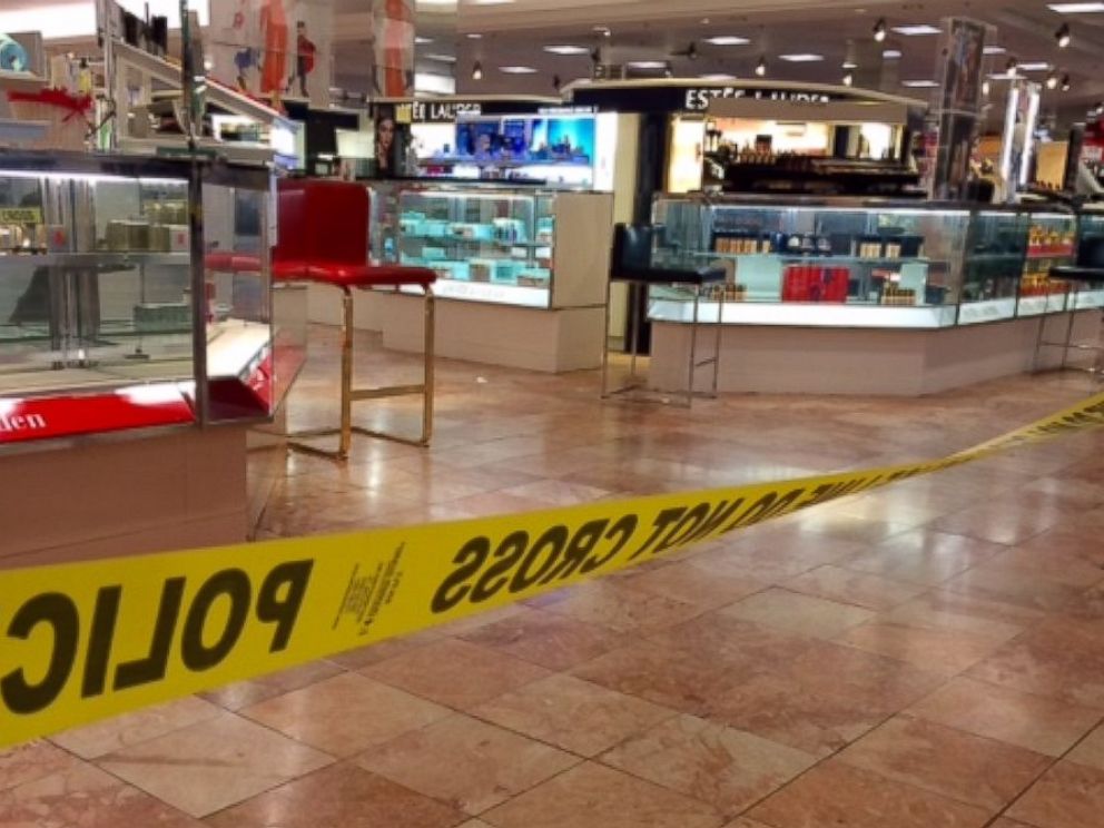 PHOTO: Crime scene tape is seen inside the Macy's at the Silver City Galleria mall in Taunton, Mass., May 10, 2016. Multiple people have been stabbed separate attacks at the mall and a home in Massachusetts. 