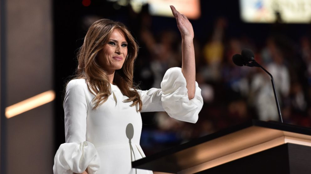 Melania Trump, wife of Presumptive Republican presidential nominee Donald Trump, waves to delegates after giving a speech on the opening day of the Republican National Convention at the Quicken Loans Arena in Cleveland on July 18, 2016. 
