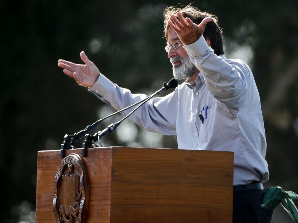 PHOTO: Richard Martinez talks about his son Christopher Michael-Martinez during a memorial service at Harder Stadium on the campus of University of California, Santa Barbara, May 27, 2014.