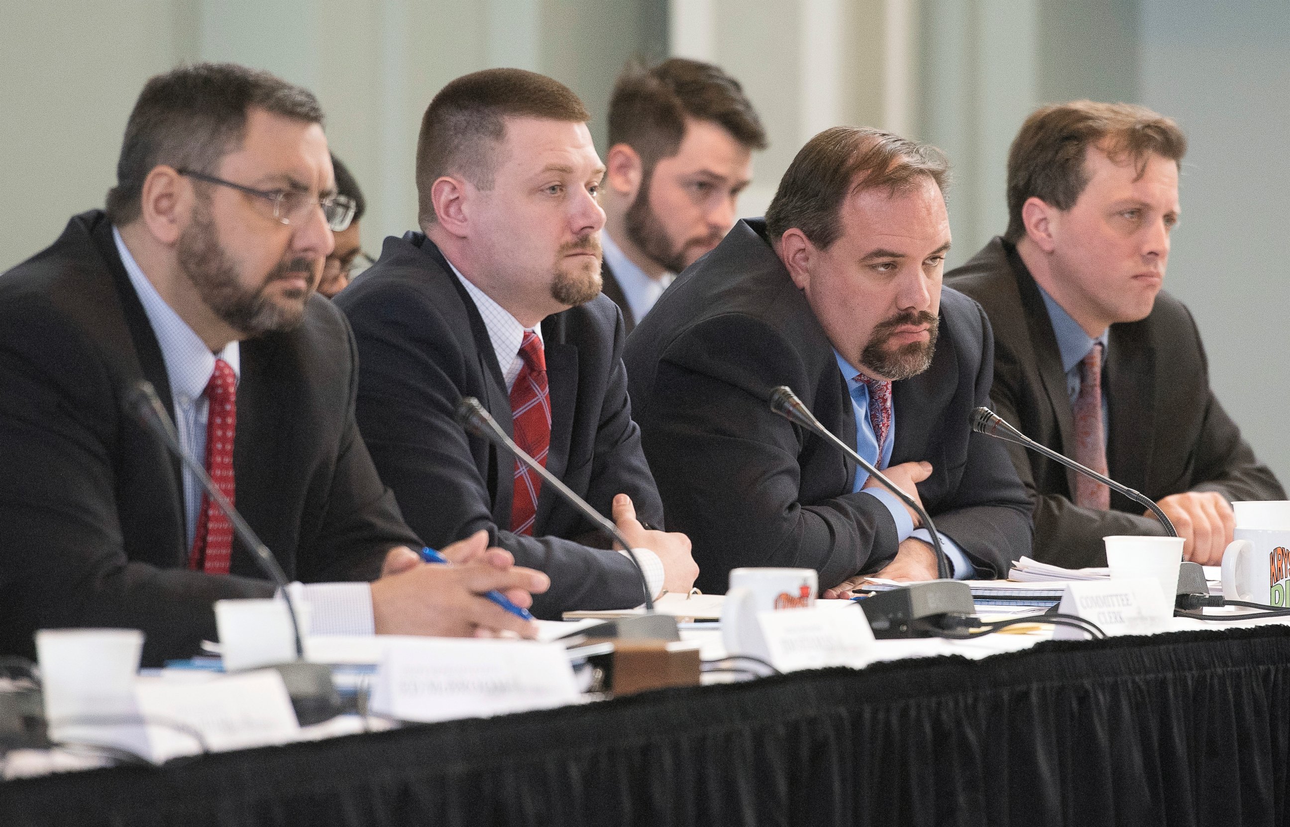 PHOTO:Michigan's special Joint Committee on the Flint Water Public Health Emergency, including, state Sen. Jim Stamas, Committee Clerk Scott Jones, state Sen. Jim Ananich and state Rep. Jeff Irwin listens to testimony,  March 29, 2016,  in Flint, Mich. 