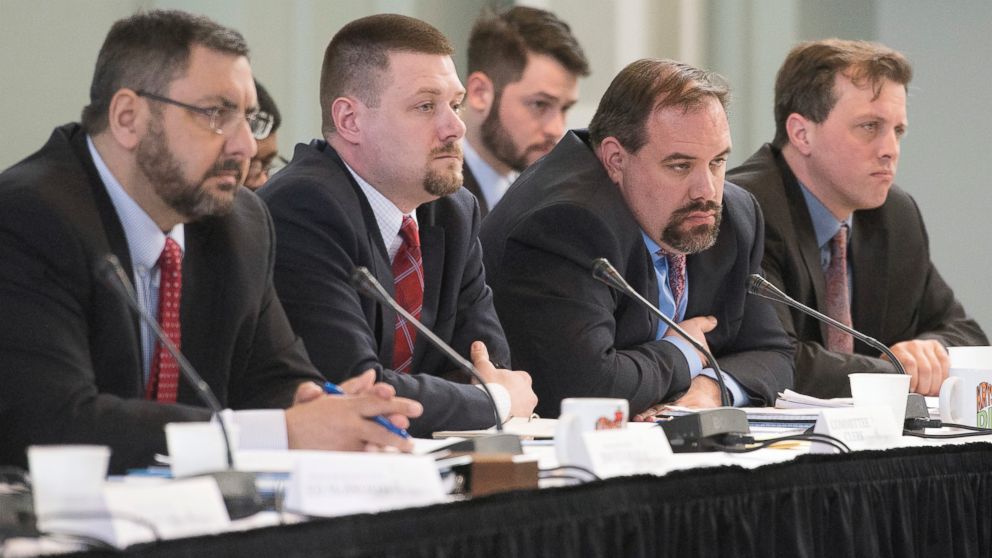 PHOTO:Michigan's special Joint Committee on the Flint Water Public Health Emergency, including, state Sen. Jim Stamas, Committee Clerk Scott Jones, state Sen. Jim Ananich and state Rep. Jeff Irwin listens to testimony,  March 29, 2016,  in Flint, Mich. 