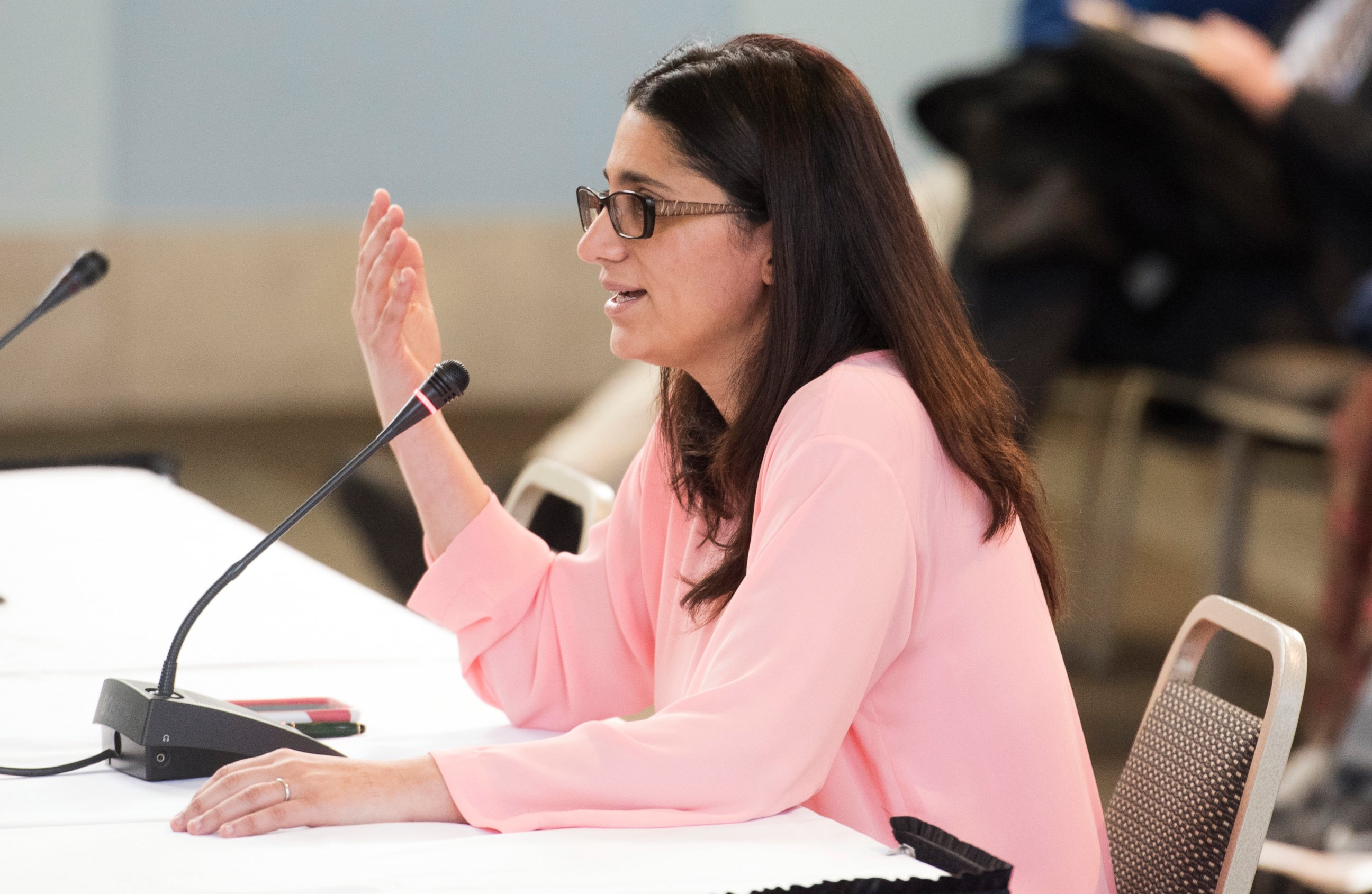 PHOTO:Dr. Mona Hanna-Attisha testifies during a meeting of Michigan's special Joint Committee on the Flint Water Public Health Emergency, March 29, 2016, at the Northbank Center in Flint, Mich. 