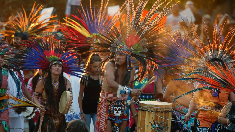 PHOTO: A line of protesters against the construction of the Dakota Access oil pipeline on the Standing Rock Reservation in North Dakota head to a unity rally on the west steps of the State Capitol, Sept. 8, 2016, in Denver.