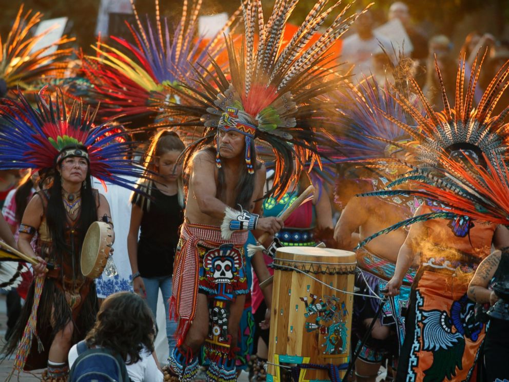 PHOTO: A line of protesters against the construction of the Dakota Access oil pipeline on the Standing Rock Reservation in North Dakota head to a unity rally on the west steps of the State Capitol, Sept. 8, 2016, in Denver.