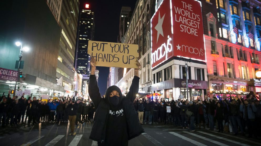 PHOTO: Protestors occupy Herald Square during march Dec. 4, 2014, in New York, against a grand jury's decision not to indict the police officer involved in the death of Eric Garner.