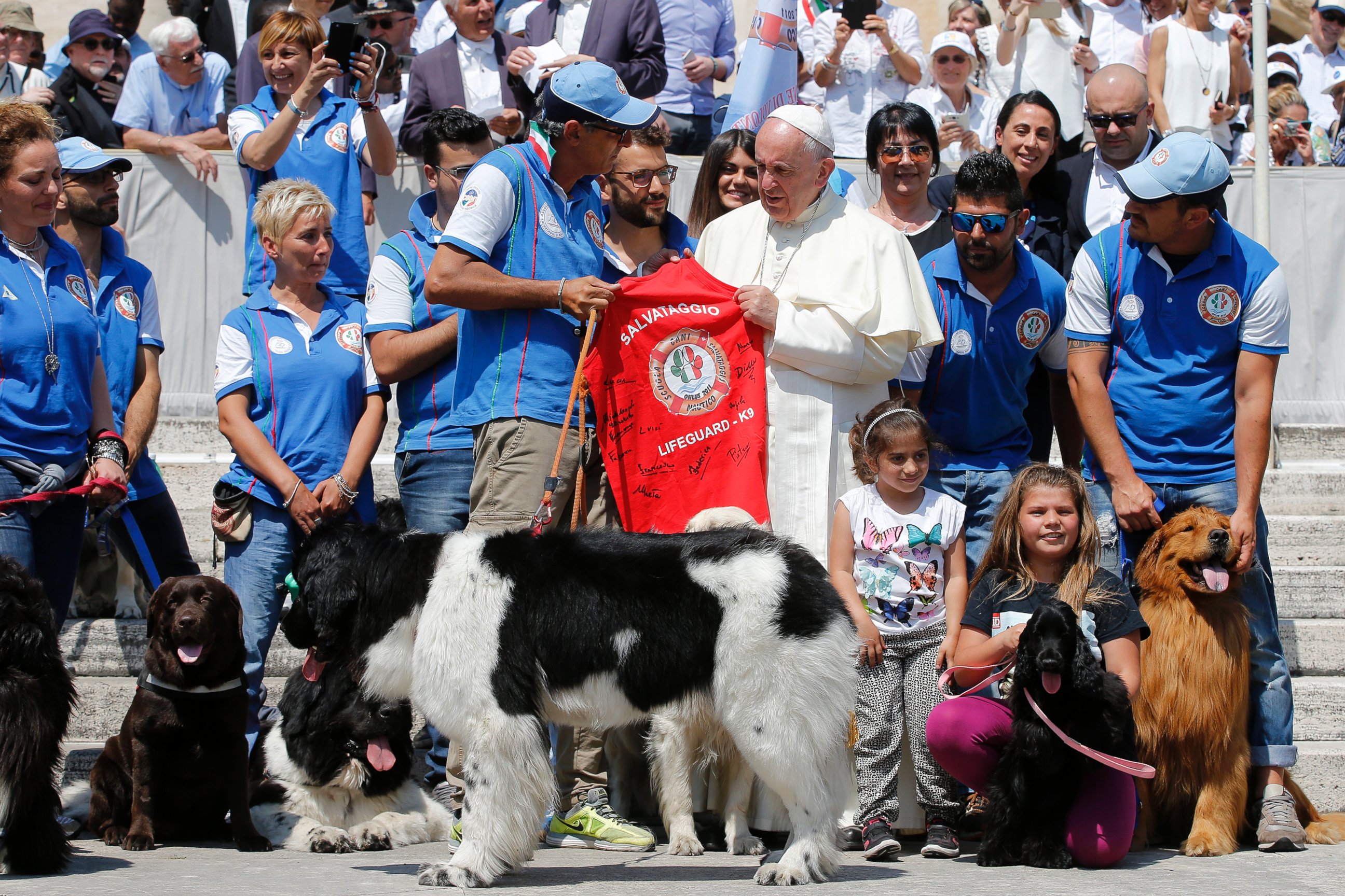 PHOTO: Pope Francis meets with members of a Lifeguard school and their dogs from the Apulian town of Bari, at the end of his weekly general audience in St. Peter's Square at the Vatican, June 8, 2016. 