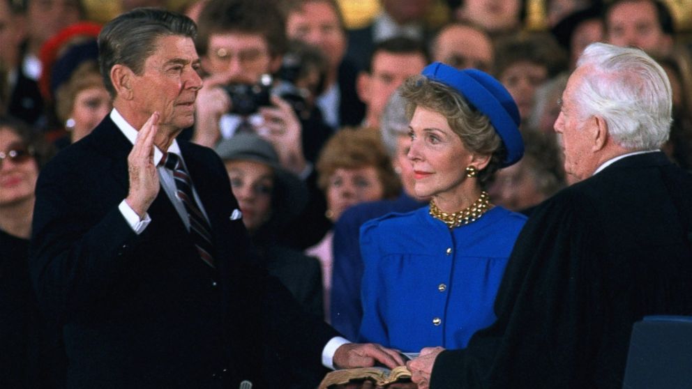 PHOTO: First Lady Nancy Reagan watches as President Ronald Reagan is sworn in during ceremonies in the Rotunda beneath the Capitol Dome in Washington, Jan. 21, 1985.