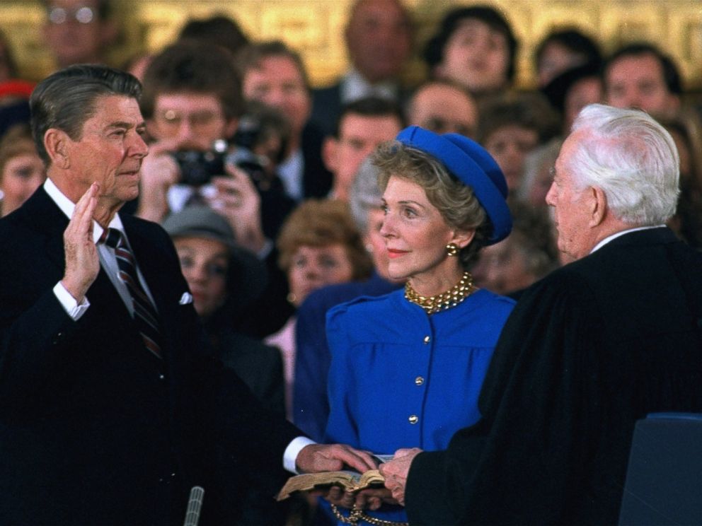 PHOTO: First Lady Nancy Reagan watches as President Ronald Reagan is sworn in during ceremonies in the Rotunda beneath the Capitol Dome in Washington, Jan. 21, 1985.