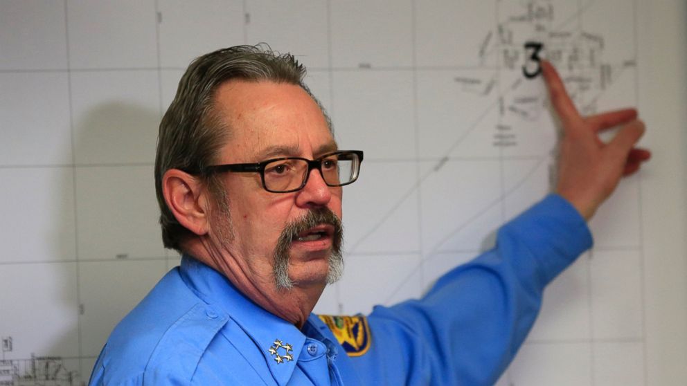 PHOTO: Harvey County Sheriff T. Walton points out one of the shooting locations on a map from Thursday's attack at the Excel Industries during a news conference at the Law Enforcement Center in Newton, Kan., Friday, Feb. 26, 2016.