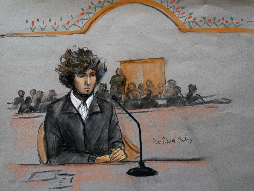 PHOTO: In this courtroom sketch, Boston Marathon bombing suspect Dzhokhar Tsarnaev is seen sitting in federal court in Boston, Dec. 18, 2014.