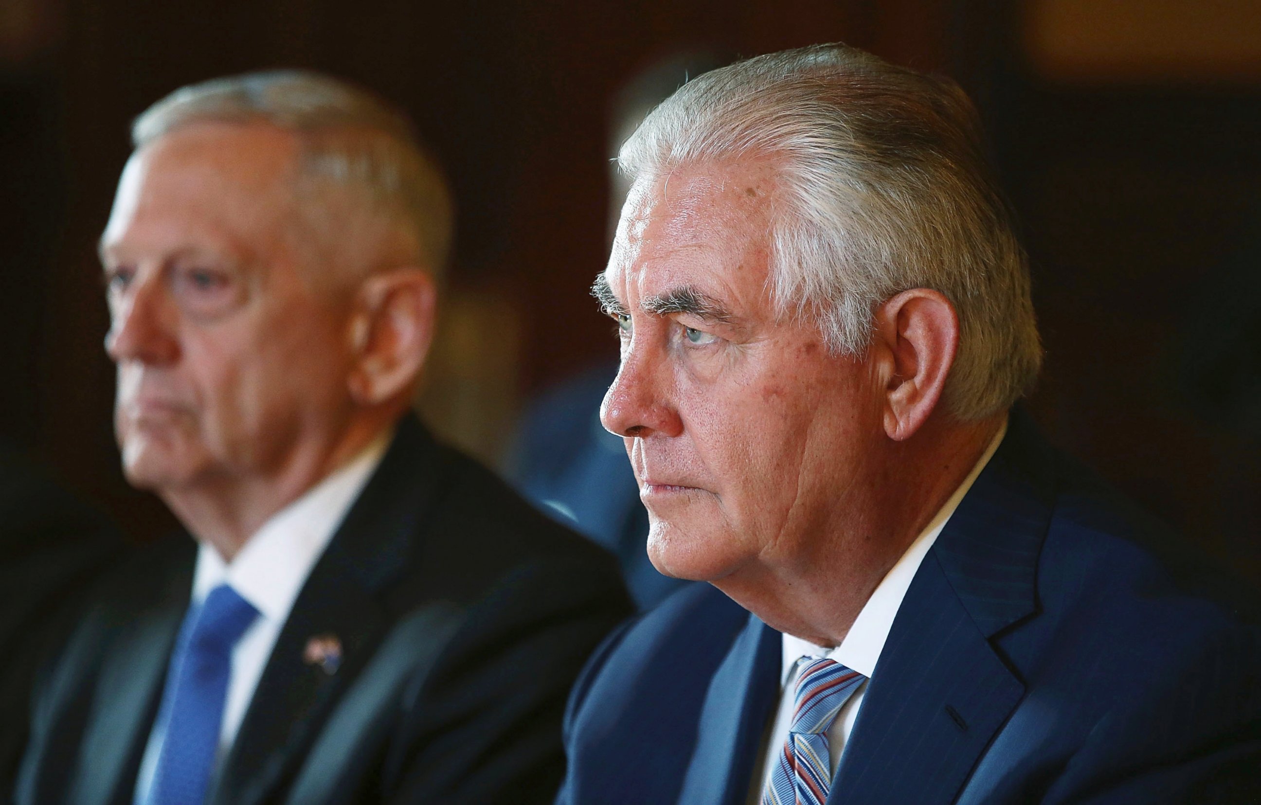 In this June 5, 2017, file photo, U.S. Secretary of State Rex Tillerson, right, and U.S. Secretary of Defense Jim Mattis participate in talks at Government House in Sydney.
