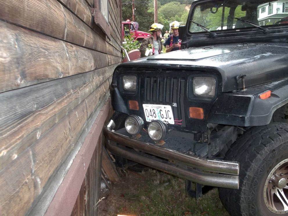 PHOTO:  
Authorities say a toddler crashed this Jeep into a home in Myrtle Creek, Ore. after knocking the vehicle out of gear, July 24, 2014. The photo was provided by the Myrtle Creek Police Department.