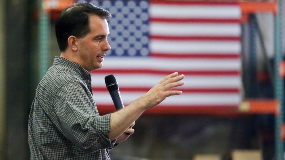 PHOTO: Republican presidential candidate Wisconsin Gov. Scott Walker addresses a crowd at Giese Manufacturing, July 19, 2015, in Dubuque, Iowa.
