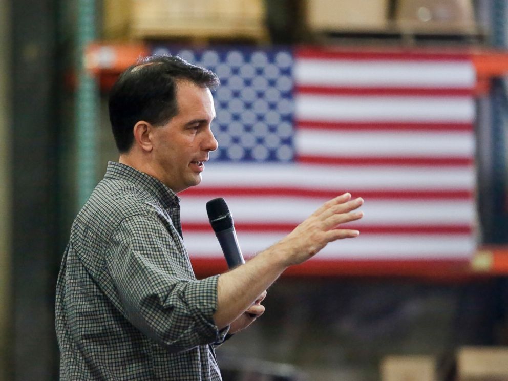 PHOTO: Republican presidential candidate Wisconsin Gov. Scott Walker addresses a crowd at Giese Manufacturing, July 19, 2015, in Dubuque, Iowa.