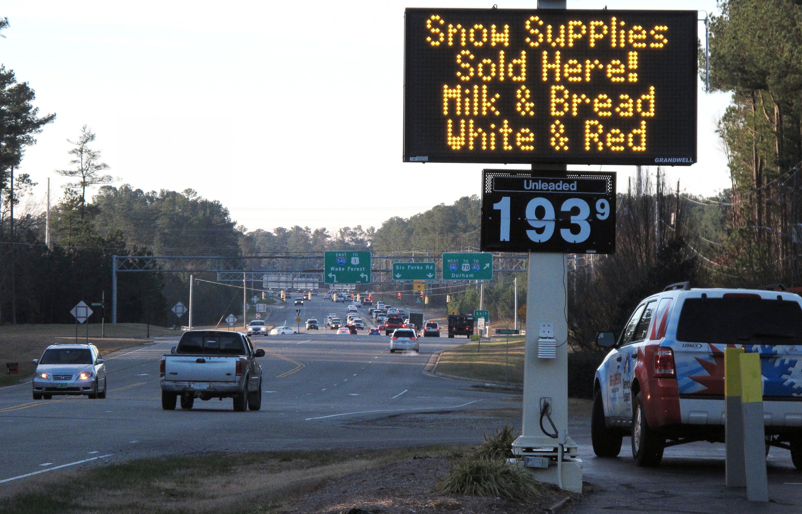 PHOTO: A convenience store in Raleigh, N.C., advertises the "essentials" as a winter storm threatens to dump the first big snow of the season  Jan. 21, 2016. 
