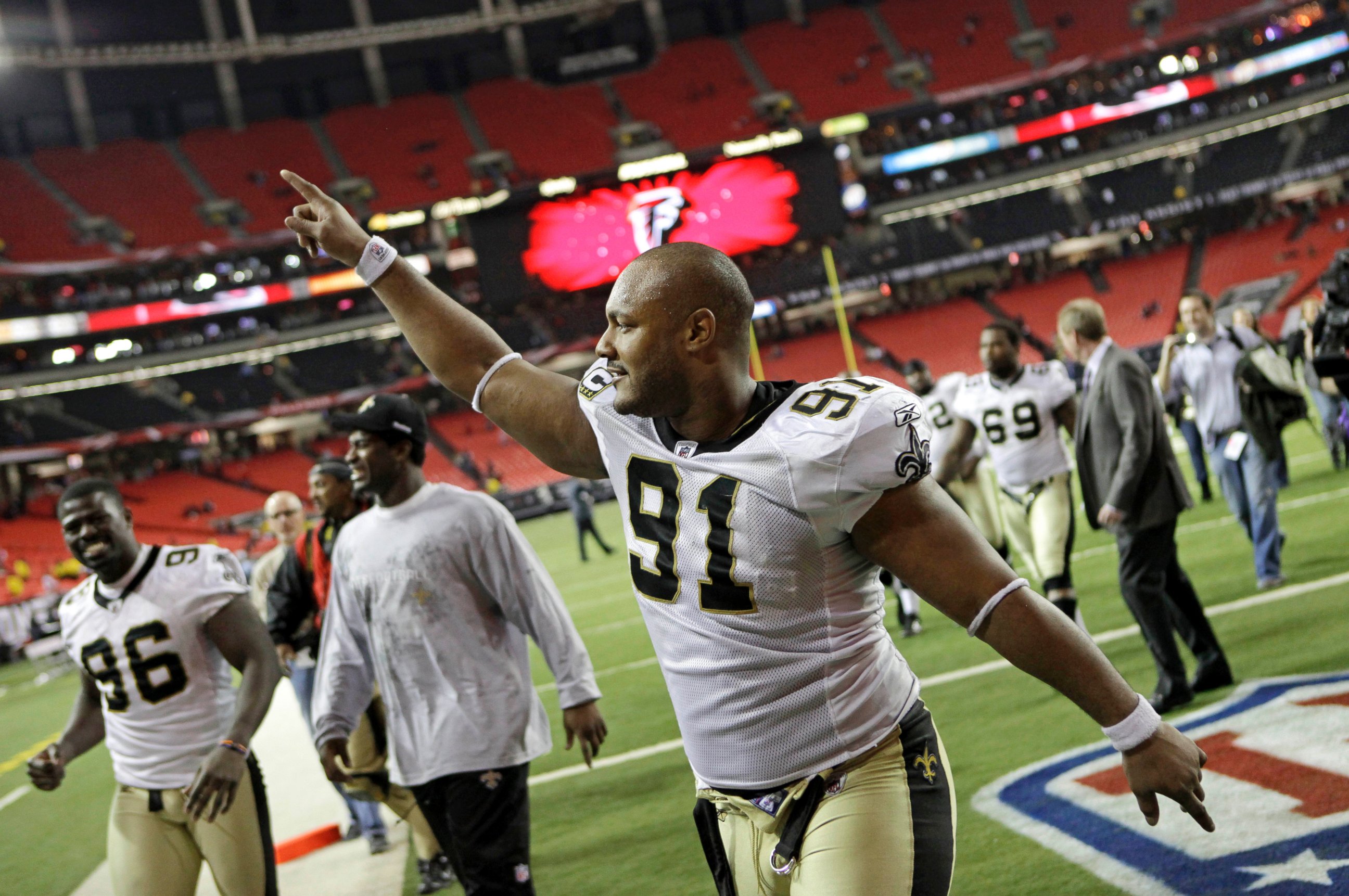 PHOTO: New Orleans Saints defensive end Will Smith (91) celebrates a 17-14 win over the Atlanta Falcons in an NFL football game in Atlanta,  Dec. 27, 2010. 
