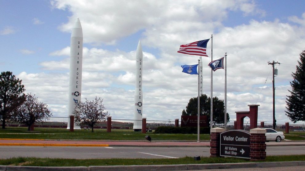 Three types of missiles flank the main gate of F.E. Warren Air Force Base in Wyoming, May 13, 2005. 