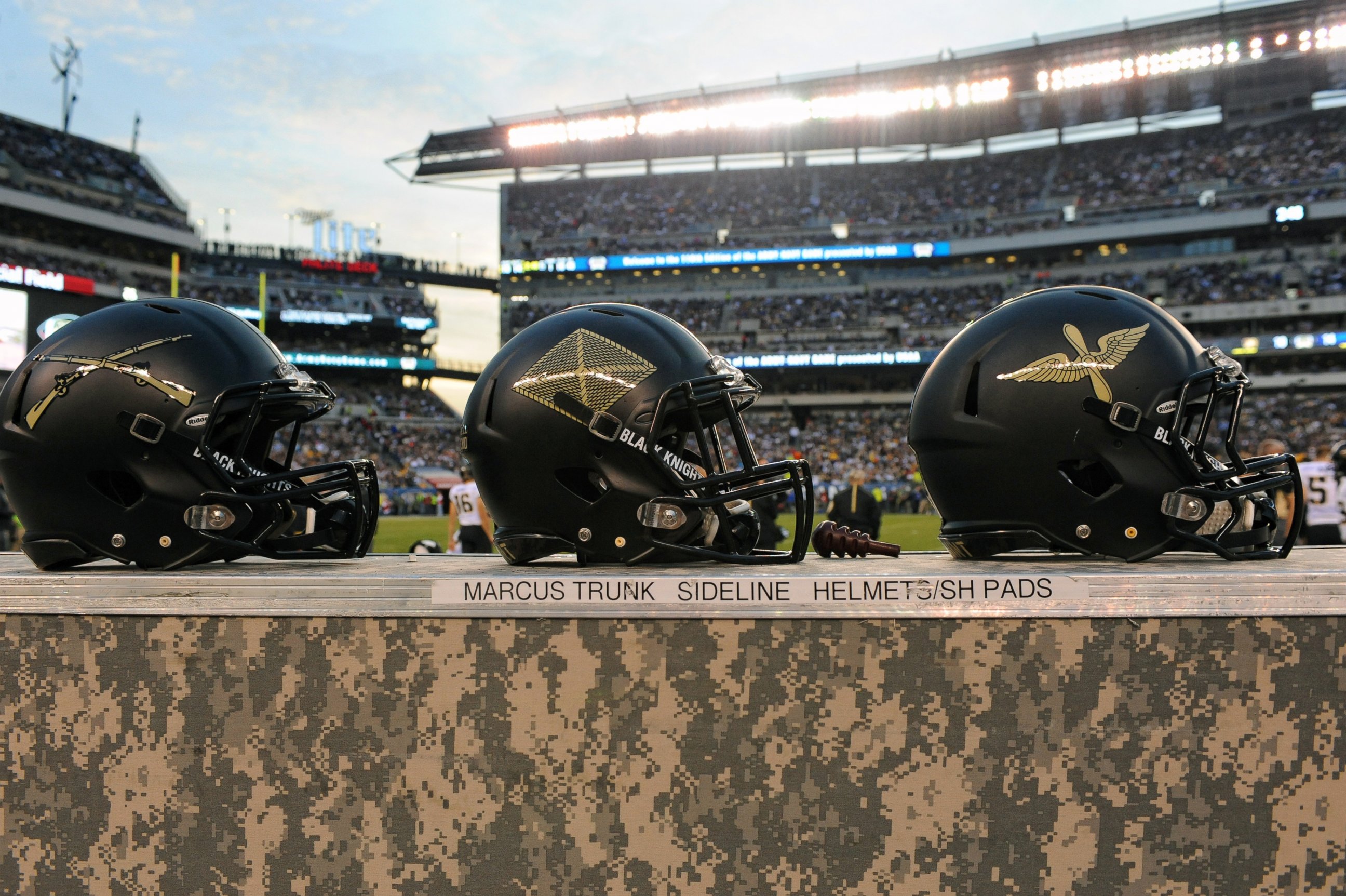 PHOTO: The Army Black Knights helmets are seen at Lincoln Financial Field in Philadelphia, Dec. 12, 2015.
