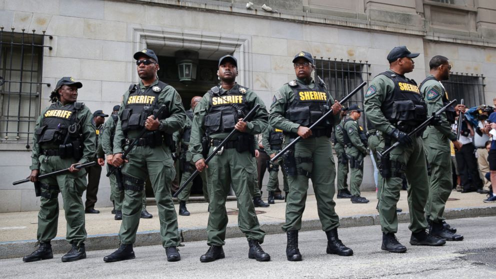 Members of the Baltimore City Sheriff's Office stand guard outside a courthouse after Officer Caesar Goodson, one of six Baltimore city police officers charged in connection to the death of Freddie Gray, was acquitted of all charges in his trial in Baltimore, June 23, 2016. 