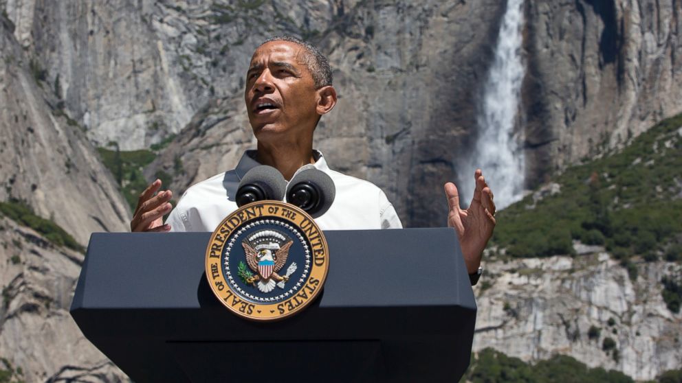 PHOTO: President Barack Obama speaks by the Sentinel Bridge in the Yosemite Valley, in front of Yosemite Falls which is the highest waterfall in the park at Yosemite National Park, Calif., June 18, 2016. 