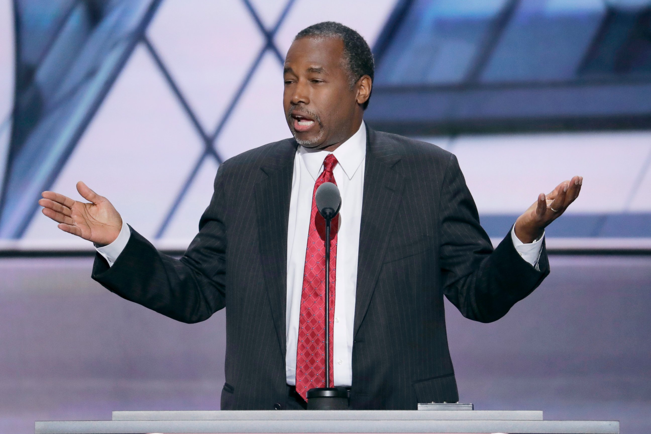 PHOTO: Dr. Ben Carson, former Republican Presidential Candidate, speaks during the second day of the Republican National Convention in Cleveland, July 19, 2016.