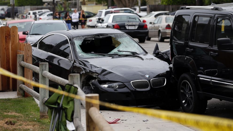 A black BMW sedan driven by a drive-by shooter is seen on Saturday, May 24, 2014, in Isla Vista, Calif. 