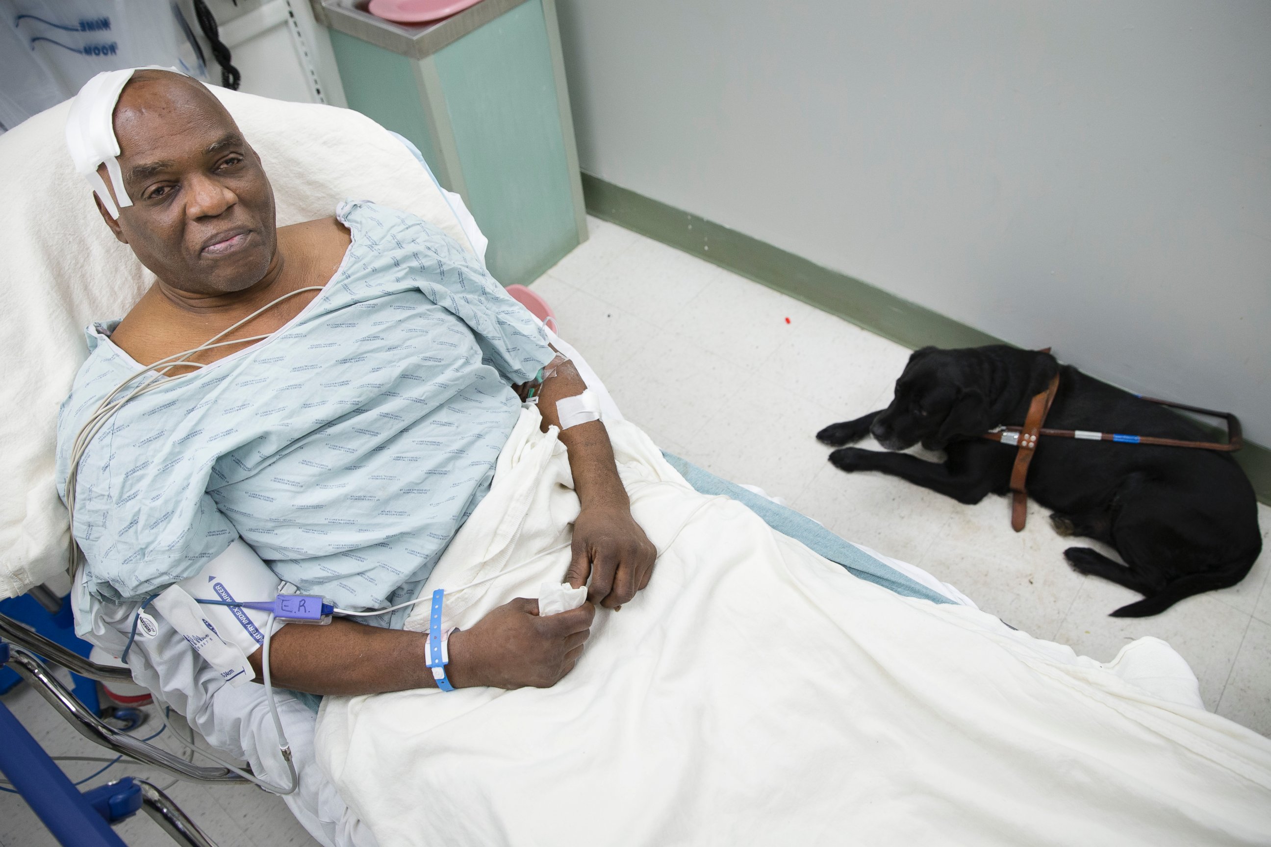 PHOTO: Cecil Williams sits with his guide dog Orlando in his hospital bed following a fall onto subway tracks from the platform at 145th Street, Dec. 17, 2013, in New York. 