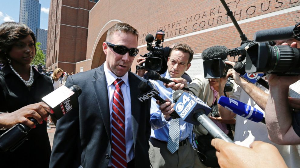 PHOTO: MBTA Transit Police officer Richard Donohue talks with reporters as he leaves the Moakley Federal Courthouse following Tsarnaev's formal sentencing in Boston, June 24, 2015.