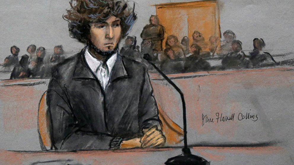 PHOTO: In this courtroom sketch, Boston Marathon bombing suspect Dzhokhar Tsarnaev is depicted sitting in federal court in Boston on Dec. 18, 2014.