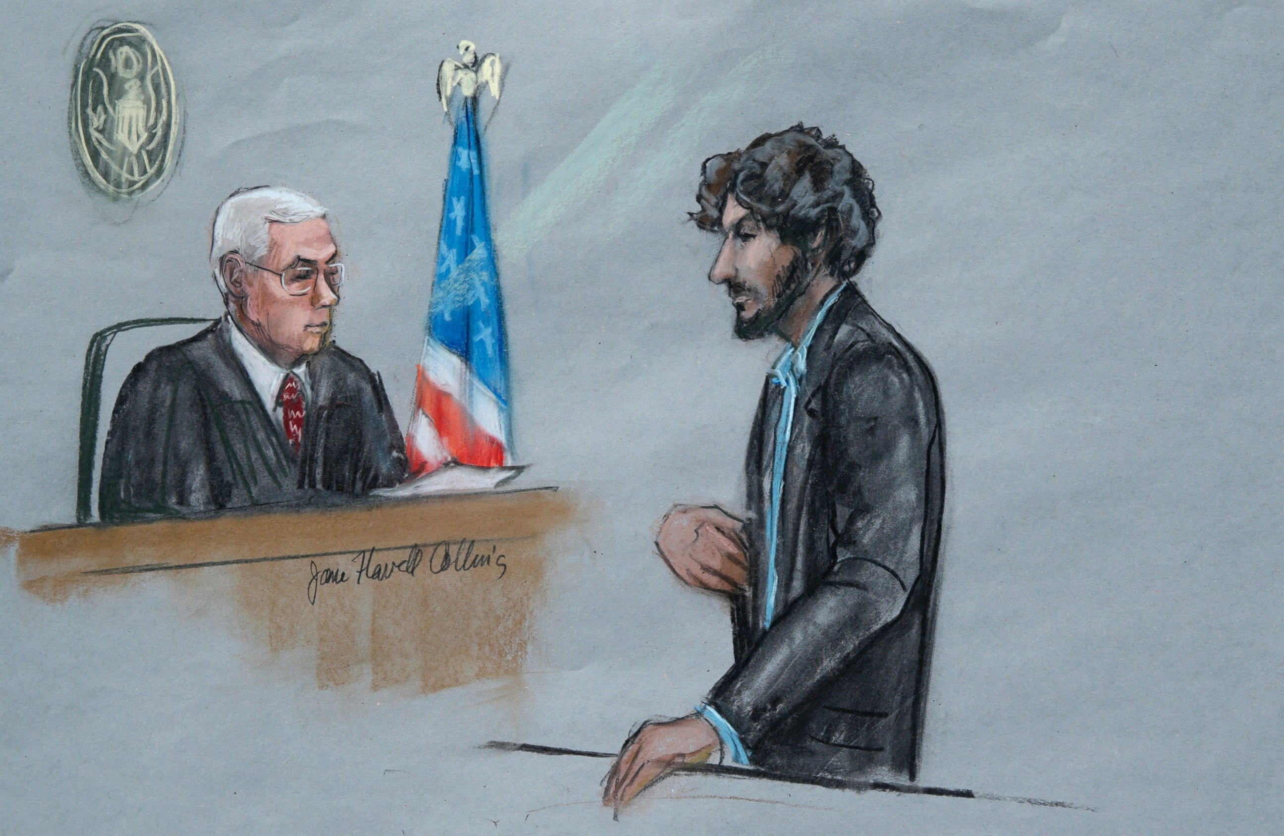 PHOTO:In this June 24, 2015, file courtroom sketch, Boston Marathon bomber Dzhokhar Tsarnaev, right, stands before U.S. District Judge George O'Toole Jr. as he addresses the court during his sentencing, in federal court in Boston.   