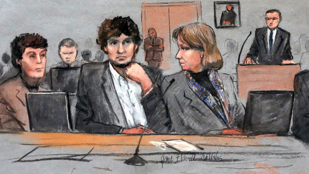 PHOTO: In this courtroom sketch, Dzhokhar Tsarnaev, center, is depicted between defense attorneys Miriam Conrad, left, and Judy Clarke, right, during his federal death penalty trial, March 5, 2015, in Boston.